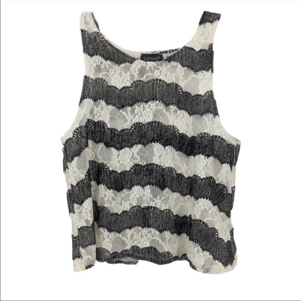 TopShop Lace Tank Top Ivory & Black Stripe Sheer Sleeveless Shell Women’s Size 4